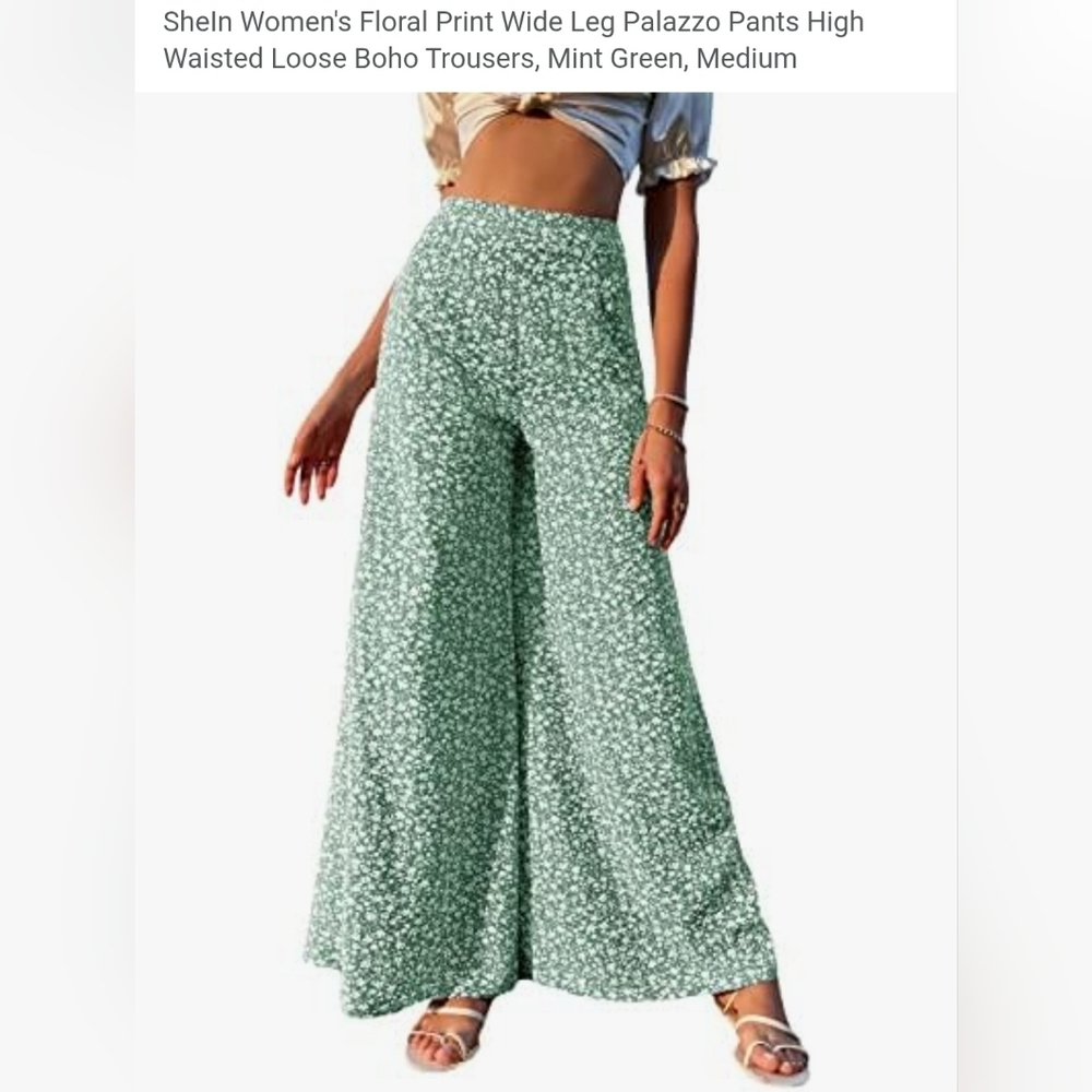 Elegant Green Floral Wide-Leg Pants